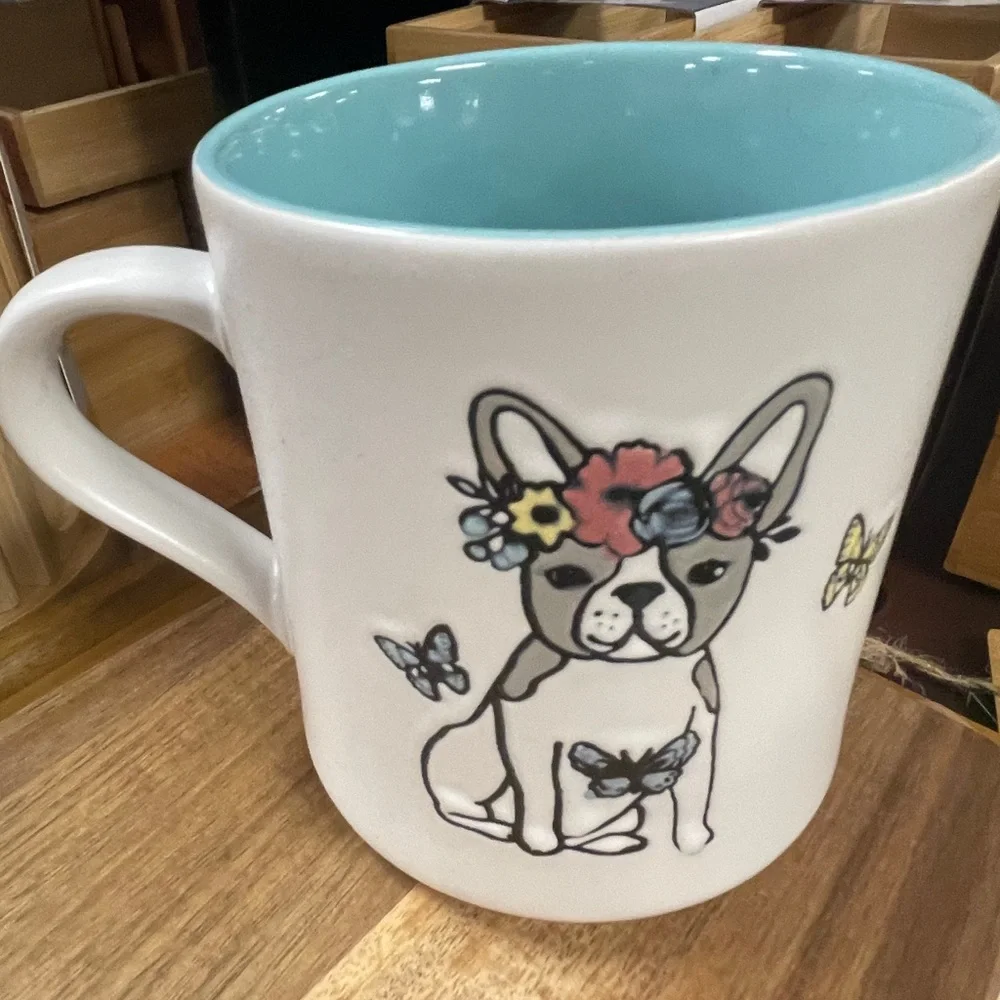 Pug & French Bulldog Floral Crown Clementine Handpainted Ceramic Coffee Mug NEW - Picture 3 of 4